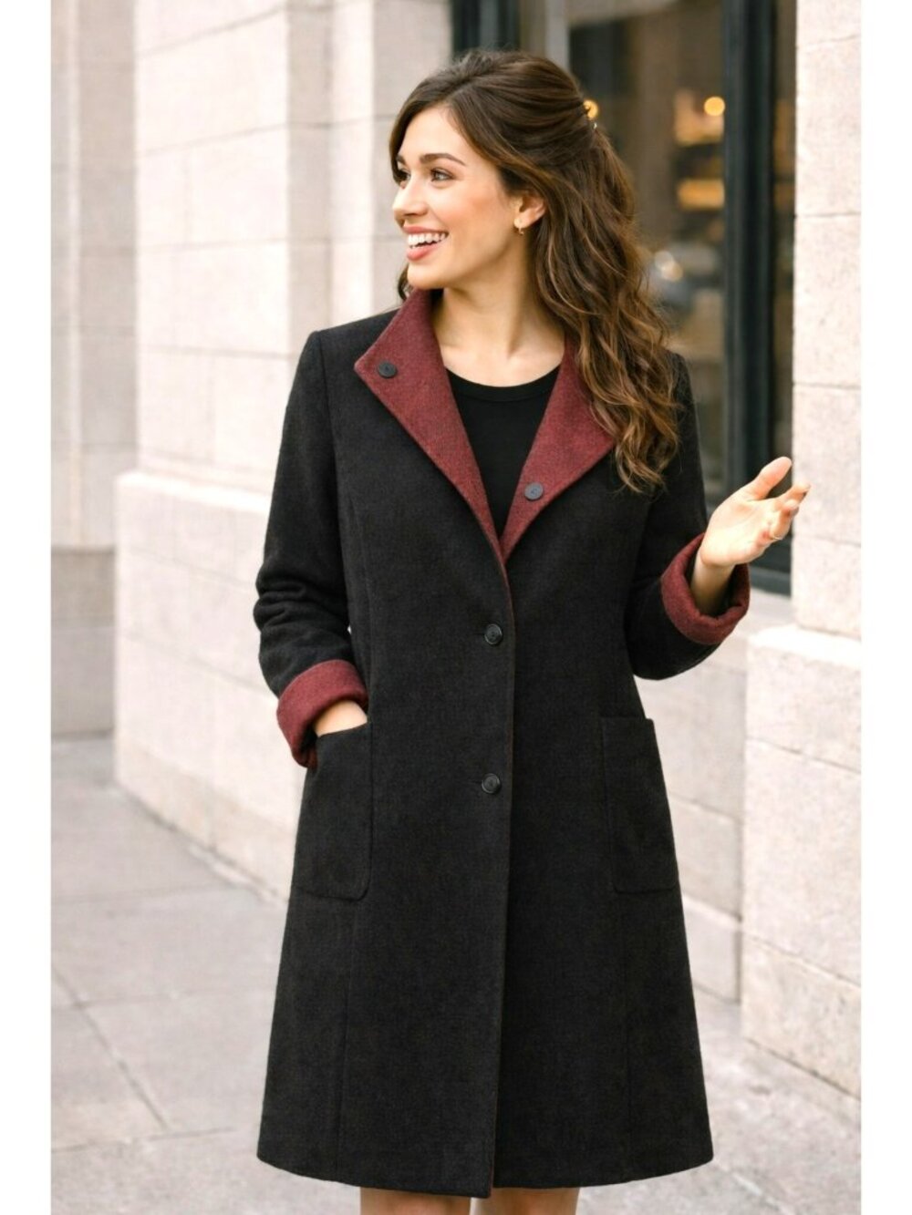 Peruvian Connection Reversible Wool Alpaca Blend Coat Womens 6 Burgundy & Black